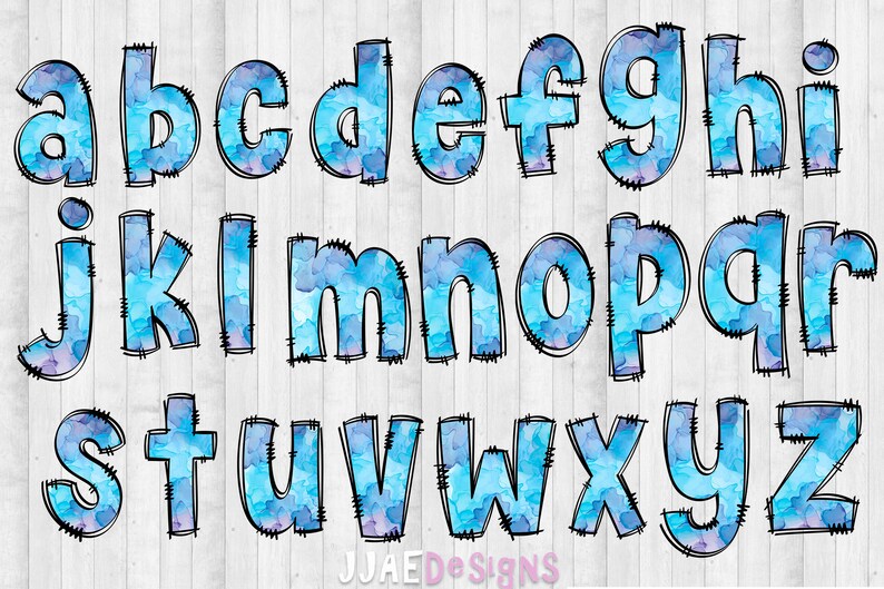 Watercolor PNG Letters, Blue Doodle Sublimation Alphabet Bundle, Blue ...