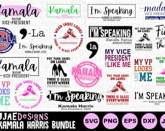 May include: A digital download bundle of 12 SVG cut files featuring Kamala Harris quotes and graphics. The graphics include the text "Kamala Harris", "Madam Vice President", "I'm Speaking", "My VP Looks Like Me", "Put Your Shoes On Ladies", and "There Is Glass Everywhere".