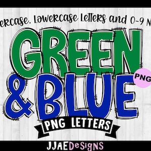Groen en blauw alfabet png-letters, doodle letters png-letters, groen blauwe alfabetbundel, alfabet doodle set png prikbordletters