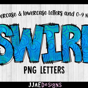 May include: Blue and green swirl patterned letters that spell out the word "SWIRL" with a pink circle that says "PNG" in the bottom right corner. The text "PNG LETTERS" is below the word "SWIRL" and the text "JJAEDesigns" is at the bottom of the image.