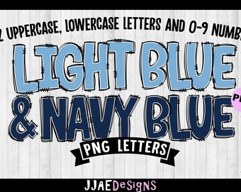 Light Blue & Navy Blue Alphabet PNG letters, Light Blue and Navy Blue Doodle Letters, PNG Alphabet Bundle, Sublimation Alphabet Doodle