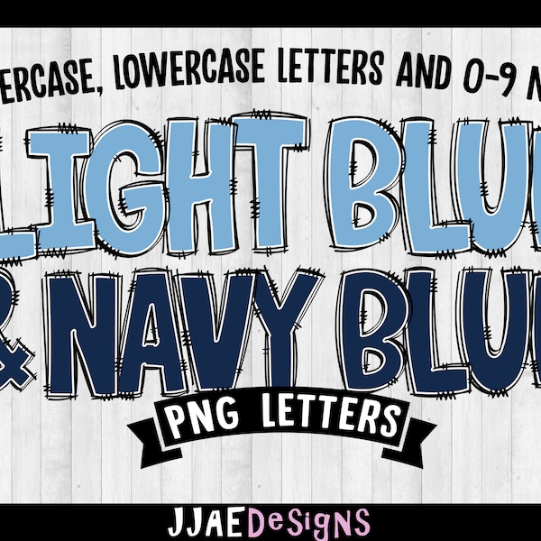 Light Blue & Navy Blue Alphabet PNG letters, Light Blue and Navy Blue Doodle Letters, PNG Alphabet Bundle, Sublimation Alphabet Doodle