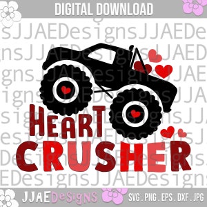 Heart Crusher SVG, Boys Valentine SVG, Funny Kids Valentines Svg, Truck SVG, Png, Svg File For Cricut, Sublimation Designs Downloads