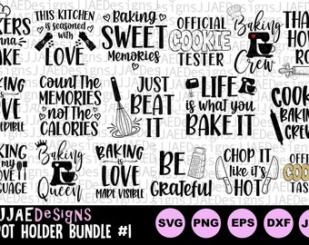 May include: A set of 10 black and white pot holder designs with baking-themed text. The designs include phrases like "Baking is Love", "Baking Queen", "Official Cookie Tester", and "Cookie Baking Crew".