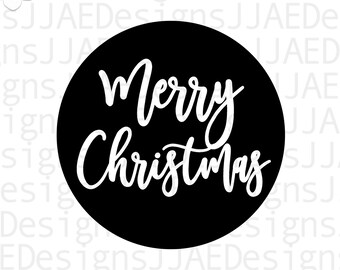 Puede incluir: Un círculo negro con el texto "Merry Christmas" en letras blancas.