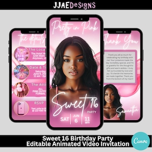 Pretty in Pink Sweet 16 Sixteen Birthday Editable Invitation, Animated 16th Birthday Party Invite, Sweet 16 Birthday Party Video Invite