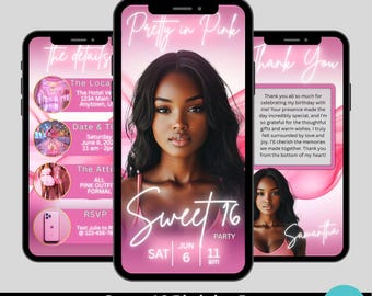 Pretty in Pink Sweet 16 Sixteen Birthday Editable Invitation, Animated 16th Birthday Party Invite, Sweet 16 Birthday Party Video Invite