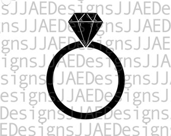 Pode incluir: Uma ilustração em preto e branco de um anel com um diamante no topo. O anel é um design simples com uma banda grossa.