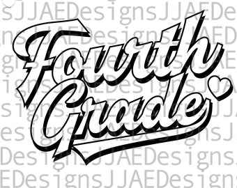 May include: Black and white graphic design of the text "Fourth Grade" in a bold, stylized font. The text is curved and has a shadow effect. A small heart is included to the right of the text.