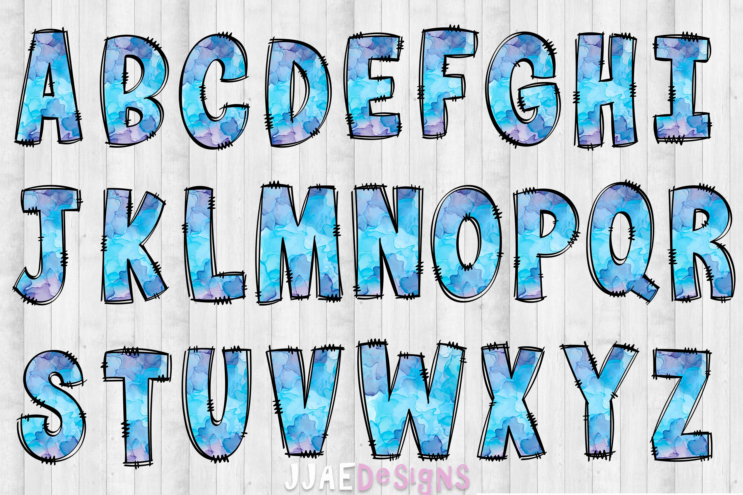 Watercolor PNG Letters, Blue Doodle Sublimation Alphabet Bundle, Blue ...