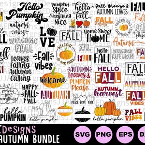 Op de afbeelding: Een verzameling van 30 SVG-snijbestanden met een herfstthema. De ontwerpen bevatten verschillende herfstzinnen en afbeeldingen, waaronder pompoenen, bladeren en de woorden "hallo herfst", "herfst vibes" en "herfstoogst".