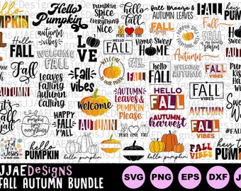May include: A collection of 30 fall and autumn themed SVG cut files. The designs feature various fall phrases and images, including pumpkins, leaves, and the words "hello fall", "fall vibes", and "autumn harvest".