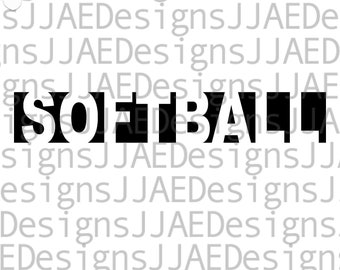 May include: Black and white digital download design for a softball graphic. The text "SOFTBALL" is in bold, block letters.