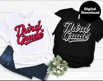 May include: Two t-shirt designs with the text "Third Grade" in a retro, bold font. The design on the left is white with red text and a small heart. The design on the right is black with white text and a small heart.