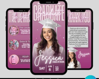 Graduation Editable Invitation, Animated Graduation Party Invite, Pink Invitation, Graduation Party Video Invite