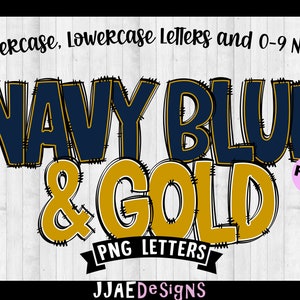 Marineblauwe en gouden alfabet PNG-letters, doodle letters png-letters, marineblauw gouden alfabetbundel, alfabet doodle png prikbordletter