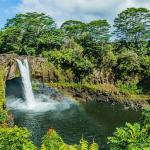 May include: A scenic waterfall cascades into a dark pool, with a vibrant rainbow arching across the water. Lush green foliage and trees surround the waterfall, under a partly cloudy blue sky. Red flowers bloom in the foreground.