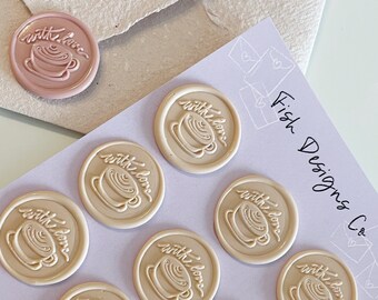 With Love Wax Seal, Premade Self Adhesive, Heart Latte Art Coffee Cup - Set of 9pcs