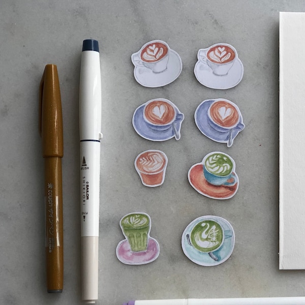 Coffee Matcha Latte Stickers Watercolor Vinyl Set- 8pcs