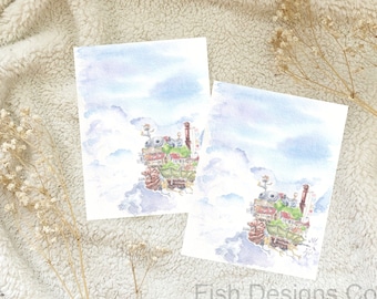 Flying Castle Watercolour Illustration Postcard Snail Mail