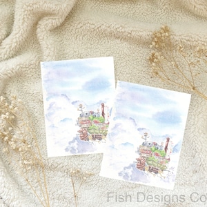 Illustration Aquarelle Château Volant Avec Carte Postale