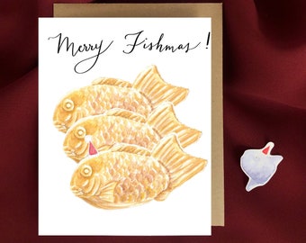 Taiyaki Fish Christmas Santa Hat Holiday Watercolour Greeting Card