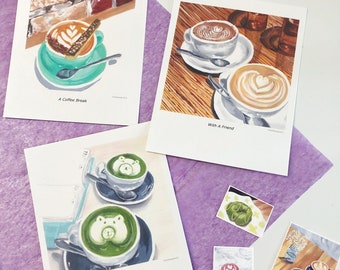 Coffee Latte Art Gouache Illustration Postcard Set - 3pcs Latte, Flat white, Cappuccino, Matcha Bears