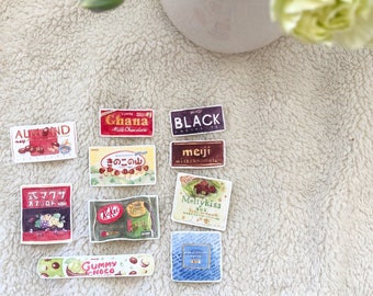 Japanese Asian Snack Watercolour Stickers - die cut matte vinyl - matcha kitkat, meiji chocolate bars, sakuma drops, Royce nama, mushrooms