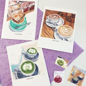 Coffee Latte Art Gouache Illustration Postcard Set 3pcs Latte, Flat white, Cappuccino, Matcha Bears image 1