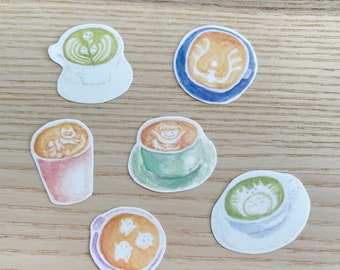 Anime Inspired Latte Art Coffee and Matcha Watercolor Sticker Set- 6 pcs