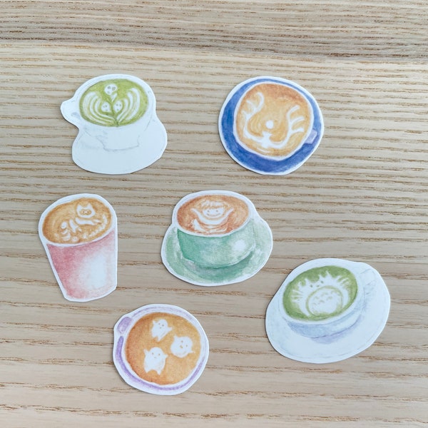 Anime Inspired Latte Art Coffee and Matcha Watercolor Sticker Set- 6 pcs