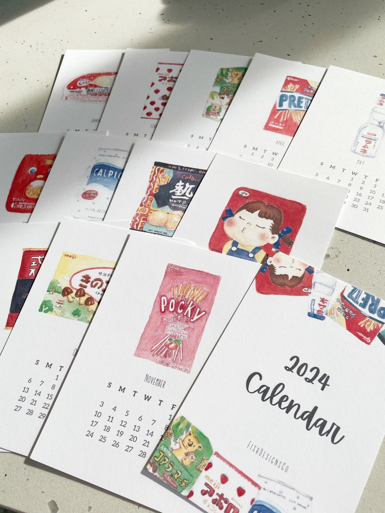 2024 Asian Snacks Calendar, Cute Japanese Food Drink Snacks Watercolour Illustration Postcard Desk Calendar Refill 4x6 image 2