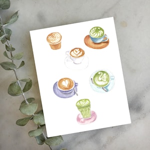 Latte Art in Flat Whites et Matcha Lattes Coffee Cups Café Aquarelle Illustration Carte de vœux