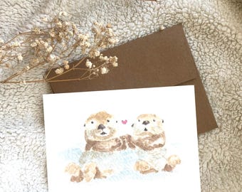 Sea Otters Watercolour Greeting Card Blank