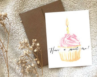 Birthday Card l Pink Cupcake Candle Happy Birthday Greeting Card Blank, Watercolour Hand Illustrated