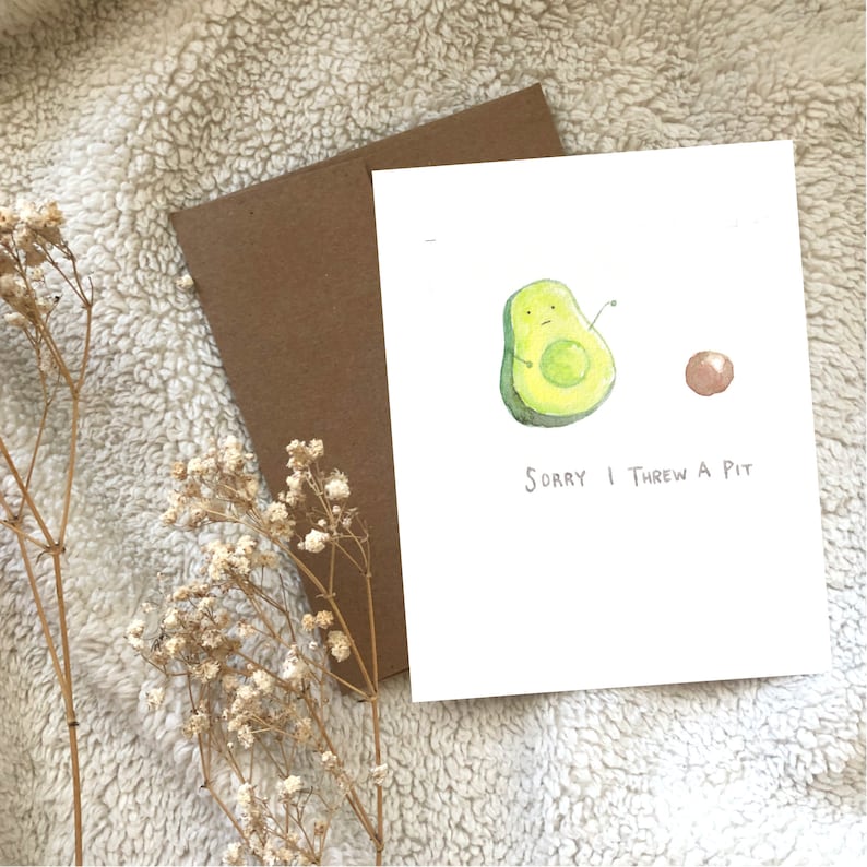 Avocado Apology Sorry Illustrated Watercolour Greeting Card Blank image 1