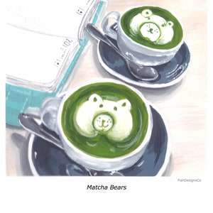 Coffee Latte Art Gouache Illustration Postcard Set 3pcs Latte, Flat white, Cappuccino, Matcha Bears image 5