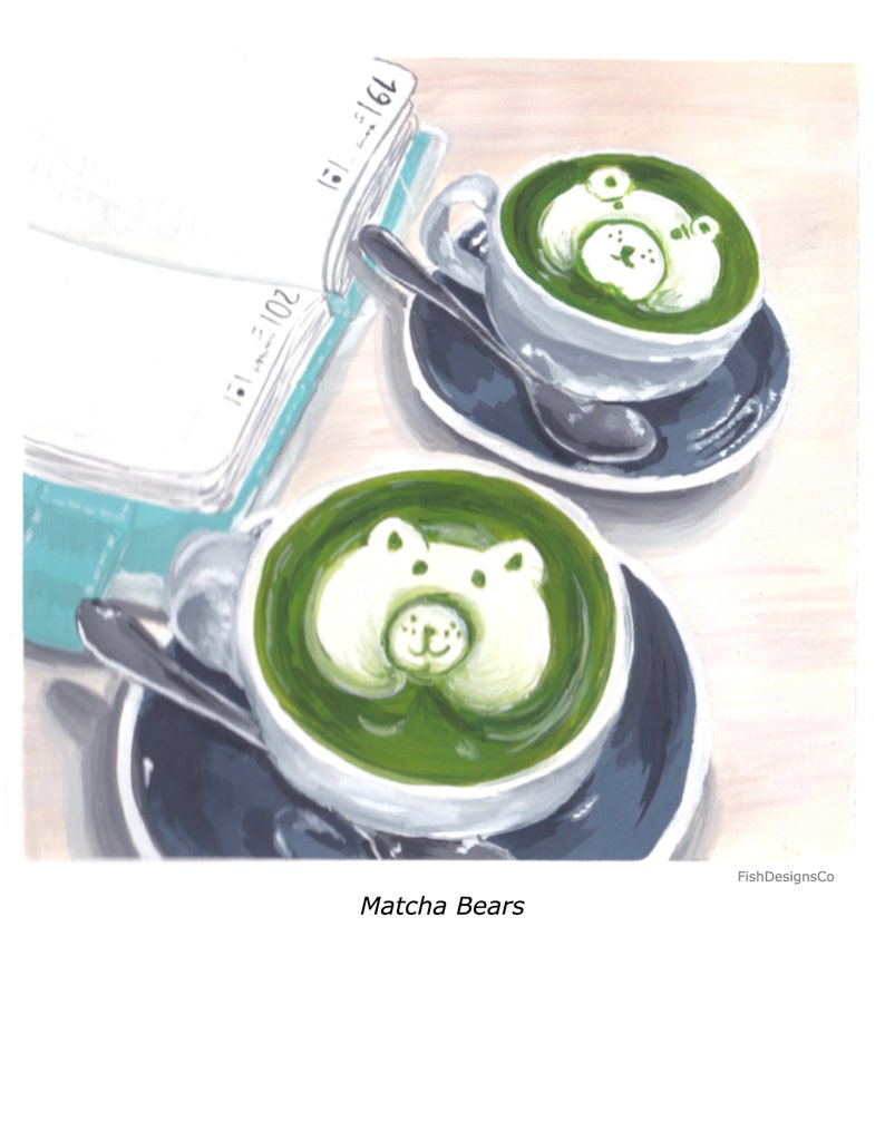 Coffee Latte Art Gouache Illustration Postcard Set 3pcs Latte, Flat white, Cappuccino, Matcha Bears image 5