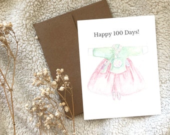 Personalized Happy 100 Days Baby Celebration Korean Girl Pink Hanbok Watercolour Greeting Card Blank