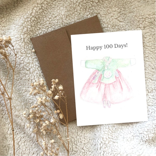 Personalized Happy 100 Days Baby Celebration Korean Girl Pink Hanbok Watercolour Greeting Card Blank