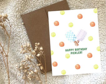 Pickleball Pickler Birthday Greeting Card Blank, Watercolour Hand Illustrated