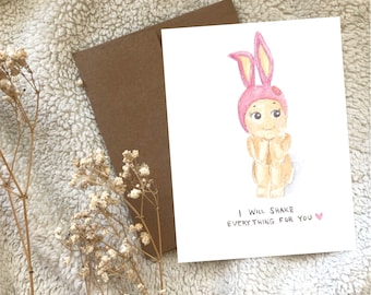 Sonny Angel Long Eared Rabbit Bunny Pink Illustrated Watercolour Greeting Card Blank