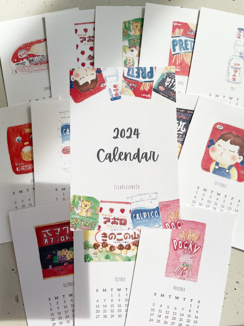 2024 Asian Snacks Calendar, Cute Japanese Food Drink Snacks Watercolour Illustration Postcard Desk Calendar Refill 4x6 image 3