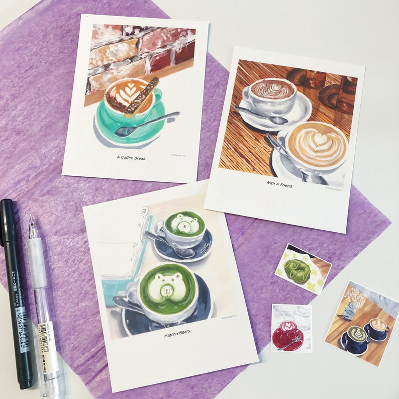 Coffee Latte Art Gouache Illustration Postcard Set 3pcs Latte, Flat white, Cappuccino, Matcha Bears image 1