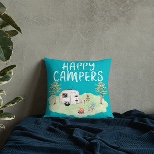 Camping Pillow Premium Linen Fabric 18&quot;x18&quot; Throw Pillow Camper Decor Turquoise Throw Pillow Camper Pillow Summer Home Decor