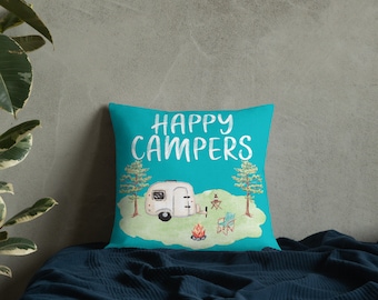 Camping Pillow Premium Linen Fabric 18"x18" Throw Pillow Camper Decor Turquoise Throw Pillow Camper Pillow Summer Home Decor