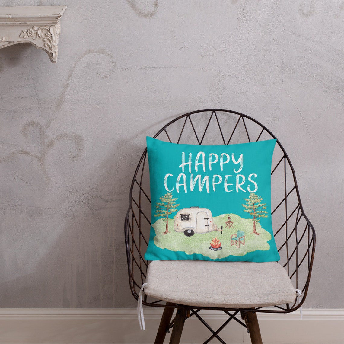 Camping Pillow Premium Linen Fabric 18x18 Throw Pillow Camper Decor