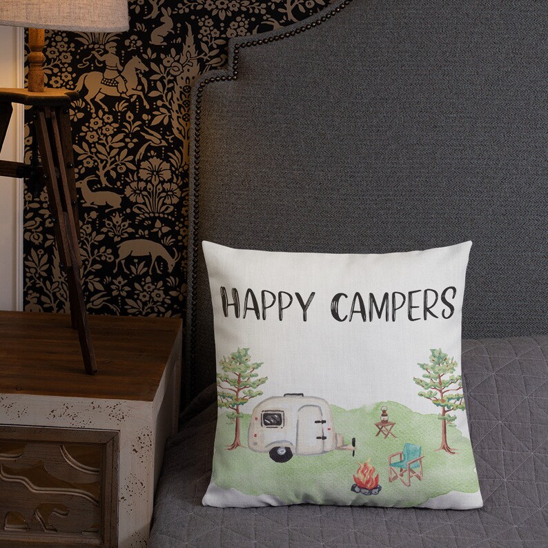 Happy Camper Pillow Premium Linen Fabric 18x18 Etsy
