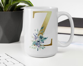 Monogramowany kubek Litera Z Inicjał Kubek Spersonalizowany prezent dla niej 15 oz Inicjał Kubek Pomysły na prezent urodzinowy Prezent na Dzień Matki