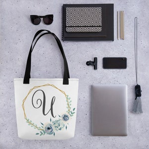 Monogram Tote Bag Letter U Bridesmaid Tote Bag Personalized Tote Bag Bridal Party Totes Gift Ideas Custom Tote Monogrammed Tote Flowergirl